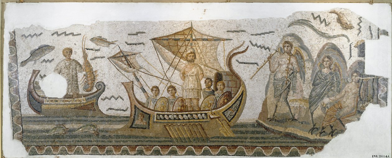 Romeinse oudheid: Odysseus op zijn boot weerstaat het lied van de Sirenen (Odyssee van Homerus) Mozaïek. 250-270 n.Chr. Tunis, Nationaal Bardo Museum door Roman