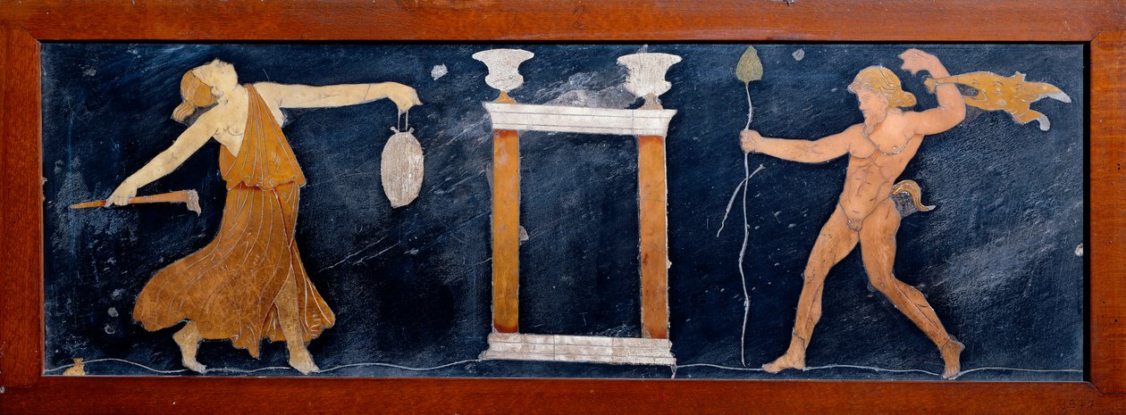 Romeinse kunst: een menade en een sater dansen bij een tempel door Roman