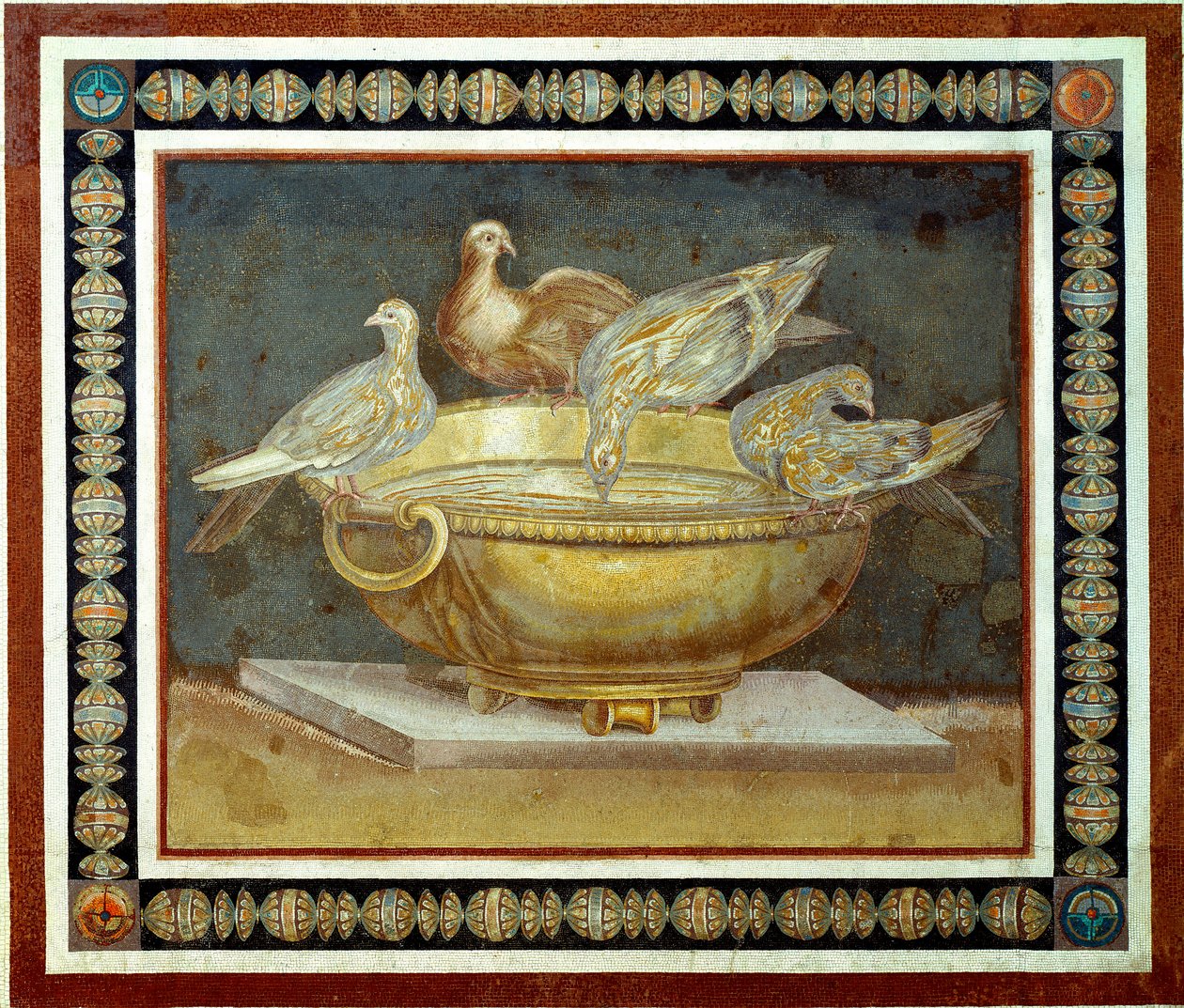 Romeinse kunst: vier duiven drinken uit een fontein door Roman
