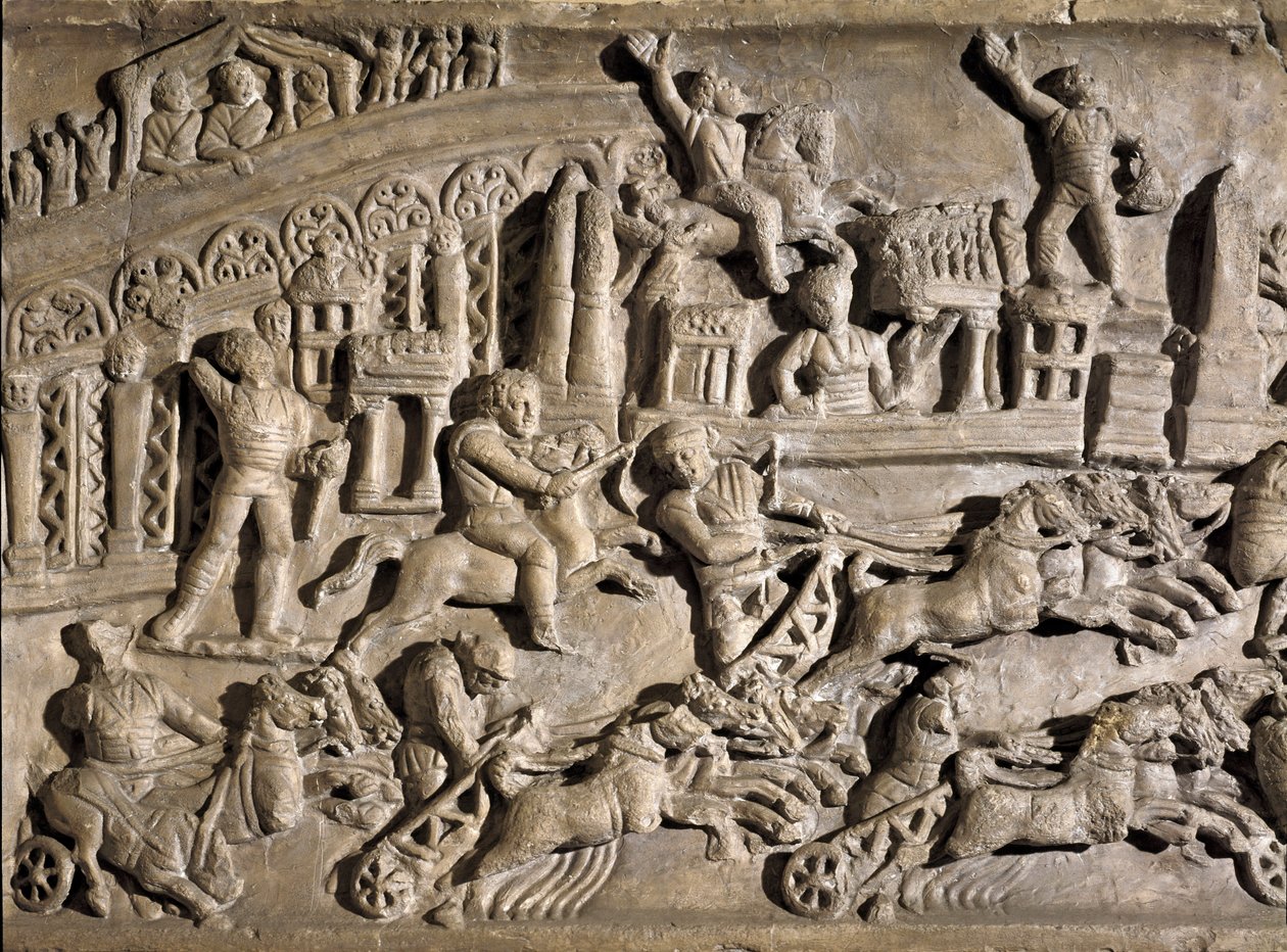 Romeinse kunst: laag reliëf dat wagenrennen voorstelt in het Circus Maximus in Rome. 2e eeuw n.Chr. Rome, Museo della Civilta Romana door Roman