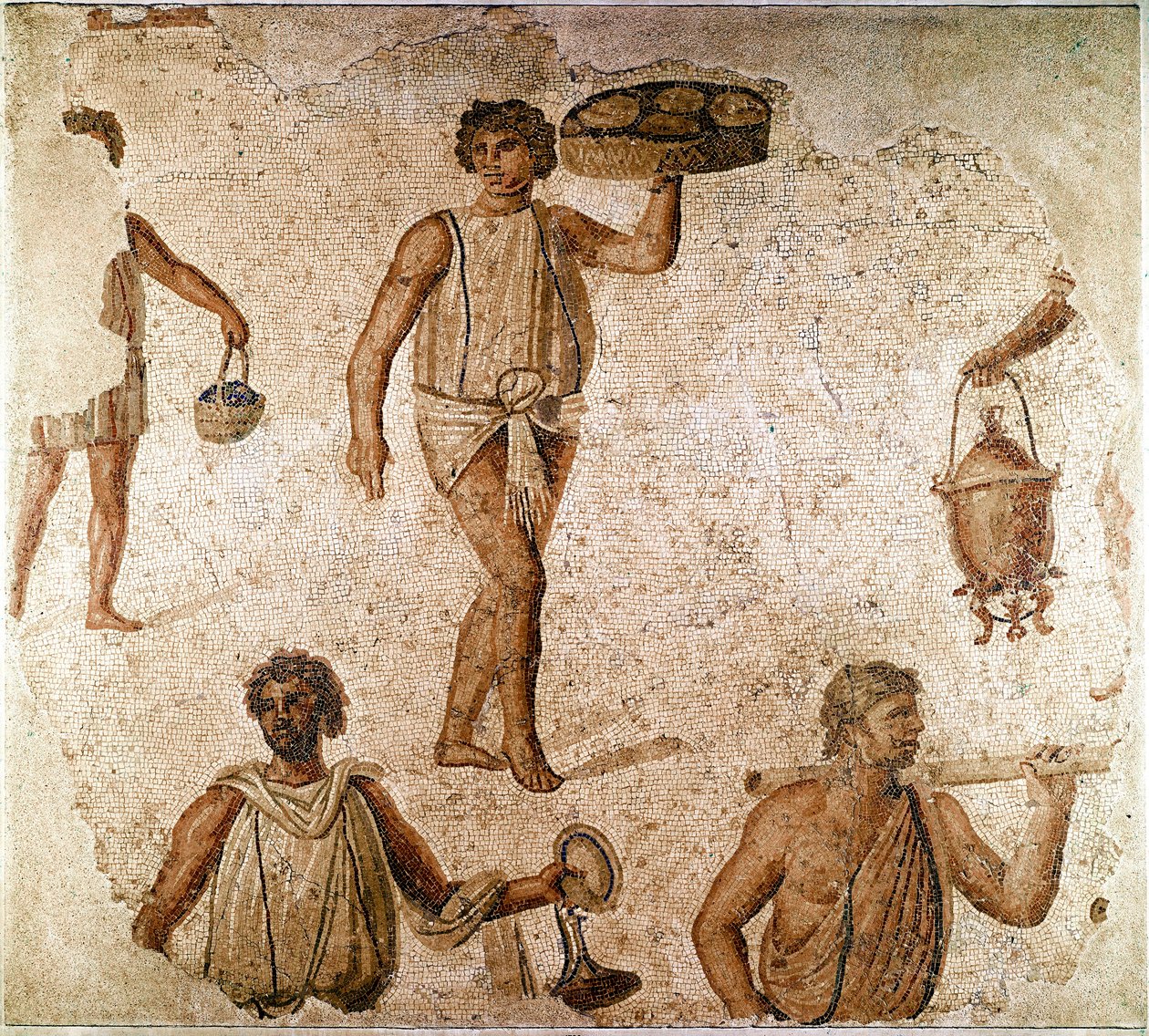 Romeinse kunst: dienaren bij een banket. Fragment van mozaïek uit Carthago, Tunesië. 180-190 n.Chr. Parijs, Louvre Museum door Roman
