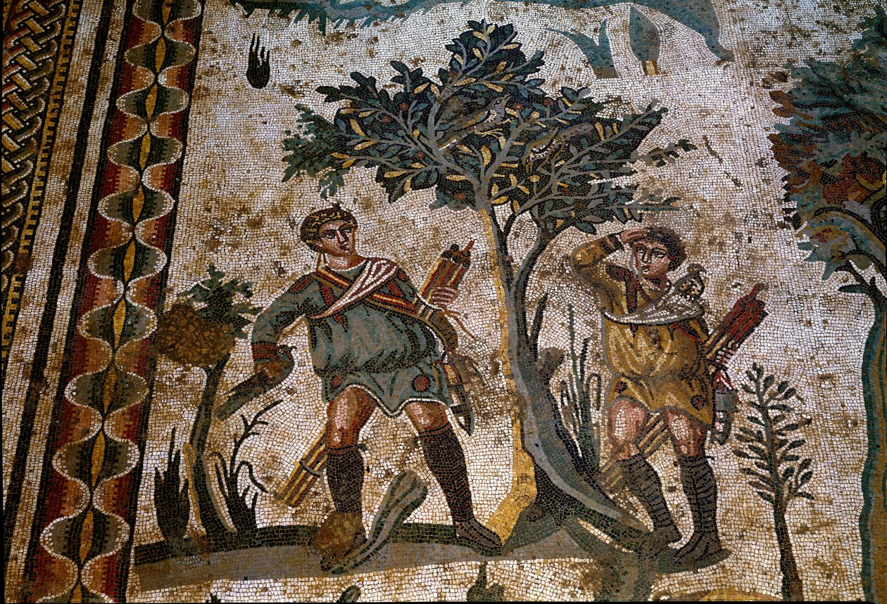 Romeinse kunst: twee vogeljagers onder een boom. (detail) Mozaïek van 