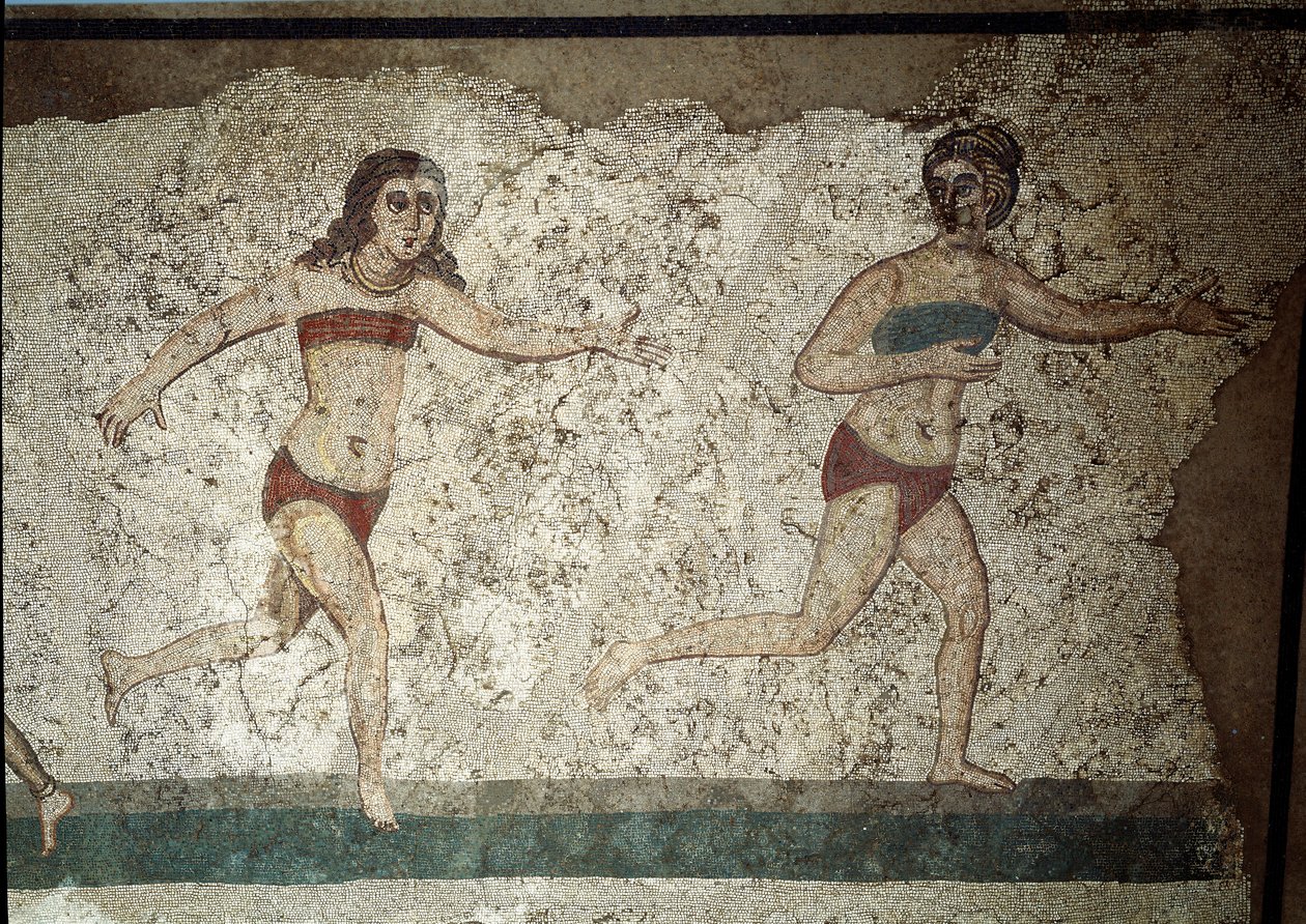 Romeinse kunst: jonge Romeinen bezig met fysieke oefeningen. Ze dragen een lendendoek rond de nieren en een strophium (voorloper van de beha) op de borst. (detail) Mozaïek 315-350 n.Chr. Piazza Armerina, Villa Romana del Casale door Roman