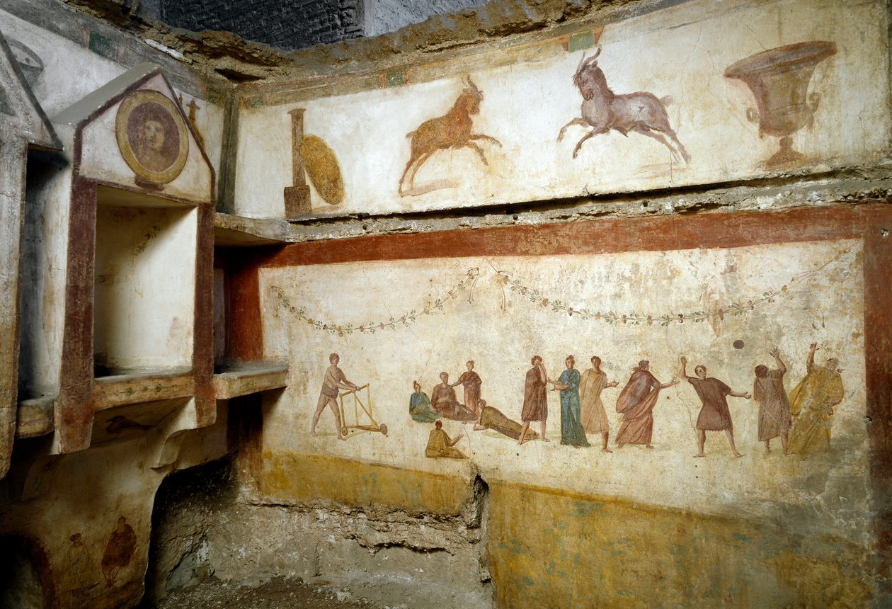 Romeinse kunst: jonge mensen die spelen. Fresco