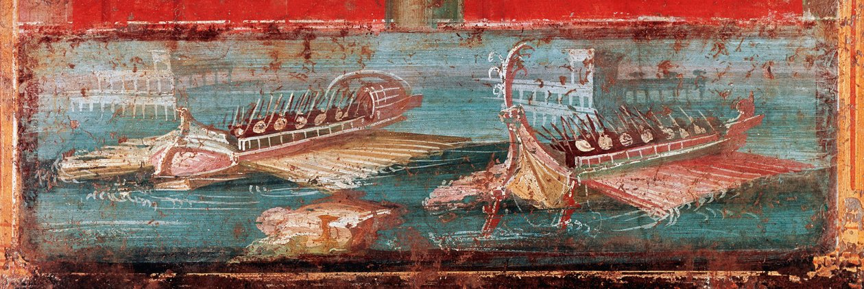 Romeinse oorlogsschepen bij de ingang van een haven (fresco) door Roman