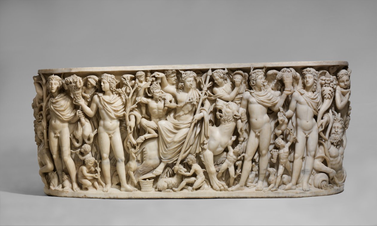 Sarcophagus met de triomf van Dionysus en de seizoenen, c. 260-20 AD (marmer) door Roman