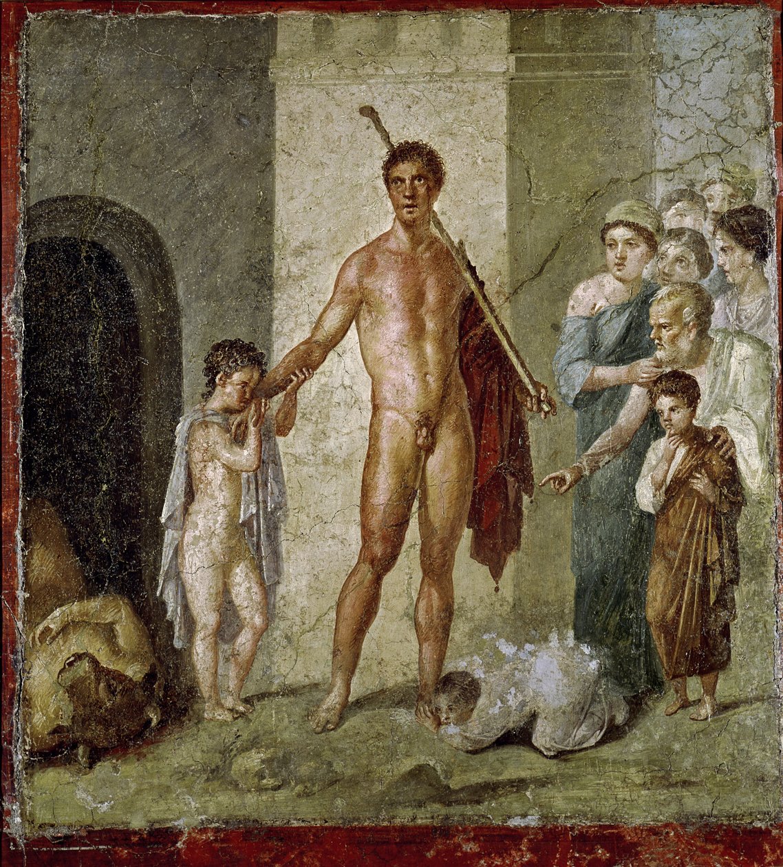 Theseus bevrijdt kinderen van de Minotaurus, uit het huis van Gavius Rufus, Pompeii, 4e Pompeiaanse stijl, c.50-79 AD door Roman