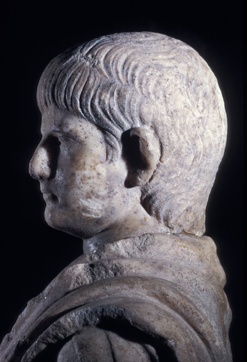 Togate standbeeld van de jonge Nero, zijaanzicht van het hoofd, ca. 50 AD (detail) door Roman