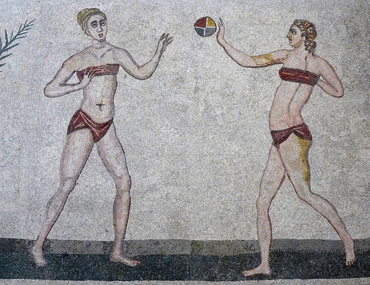 Jonge vrouwen in bikini, Villa Romana del Casale, Sicilië, 315-350 AD (mozaïek) door Roman
