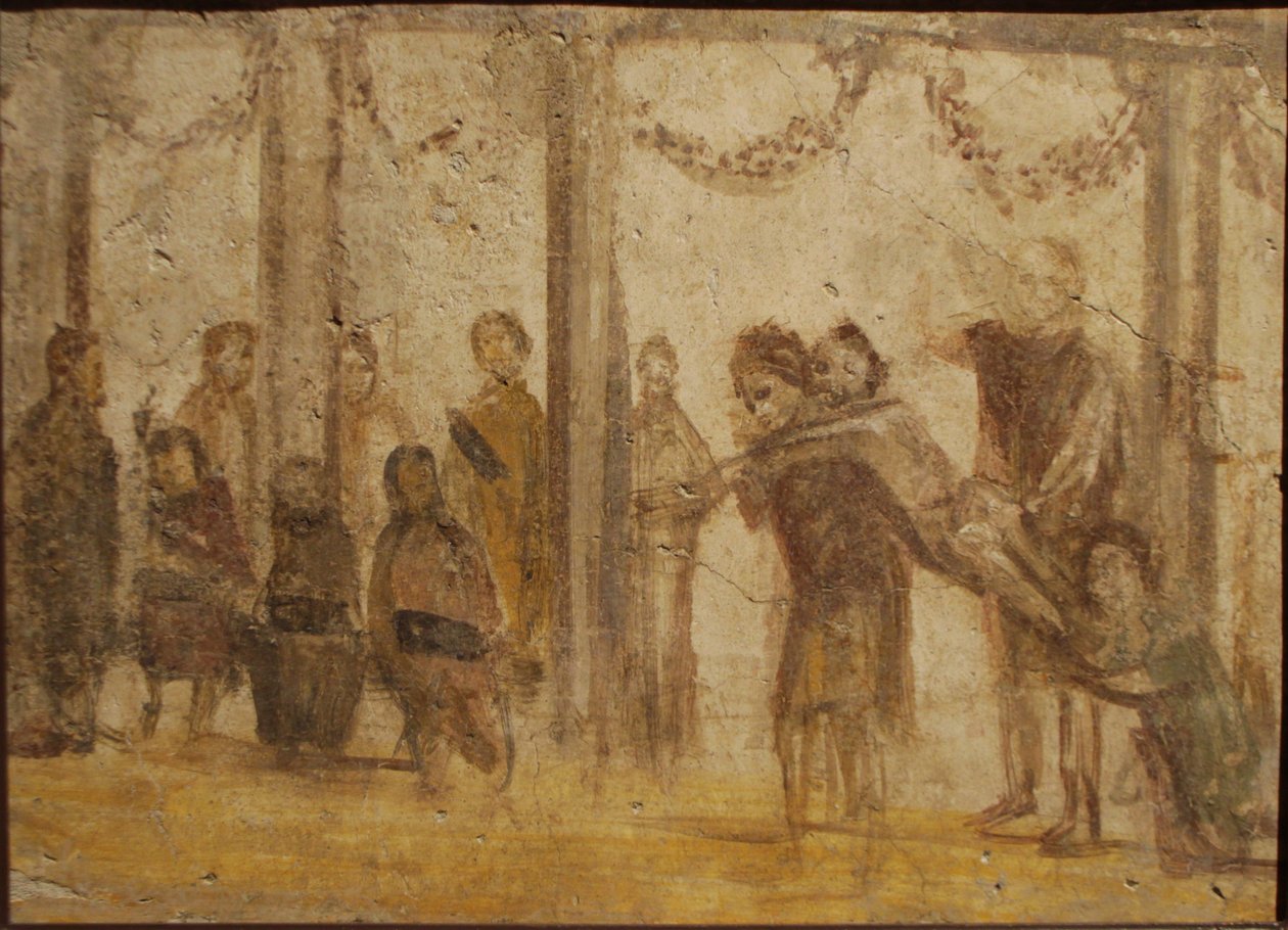 De straf van een leerling. Fresco uit het huis van Julia Felix, 1e eeuw door Roman Pompeian wall painting.