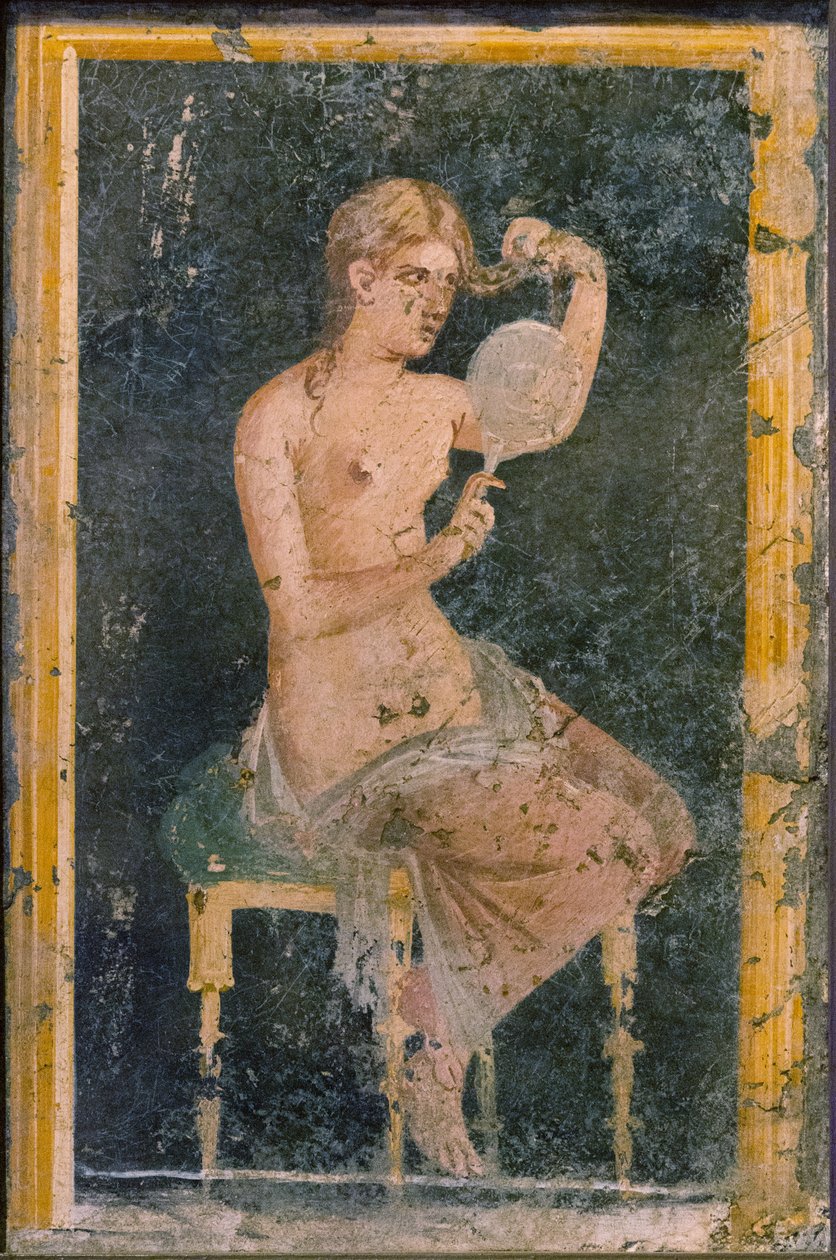 Vrouw met een Spiegel, 1e helft 1e eeuw na Christus door Roman Pompeian wall painting.