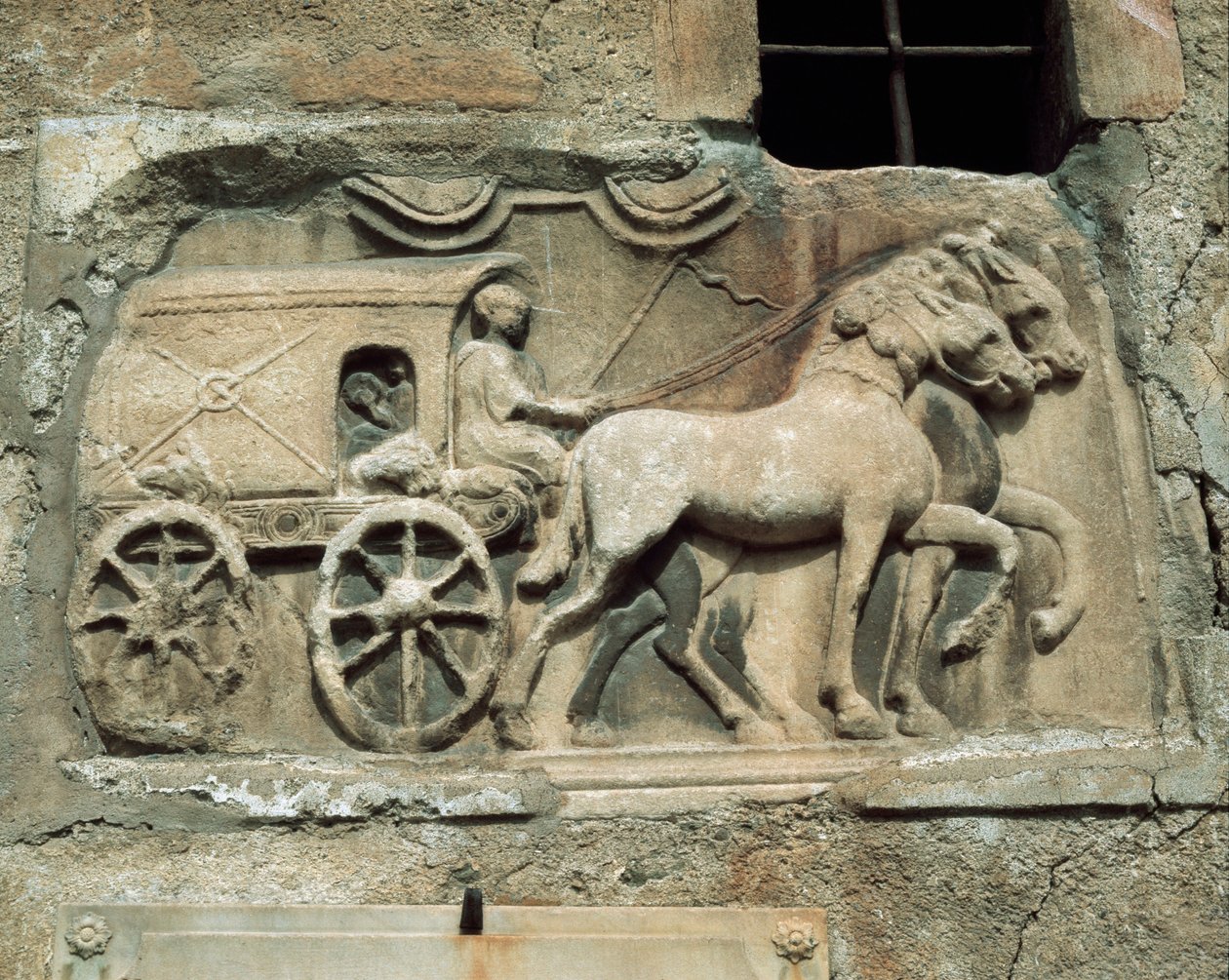 Koets (naar de onderwereld?) uit een Romeins graf, vandaag op de zuidmuur van de dorpskerk van Maria Saal door Roman Roman