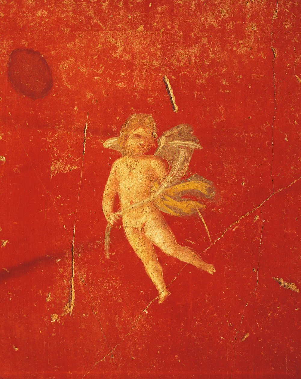 Cherub op rode Pompeiaanse achtergrond, fresco in Vierde Pompeiaanse Stijl, uit Huis van Pinario Ceriale, Pompeii, Campania, Romeinse beschaving door Roman Roman