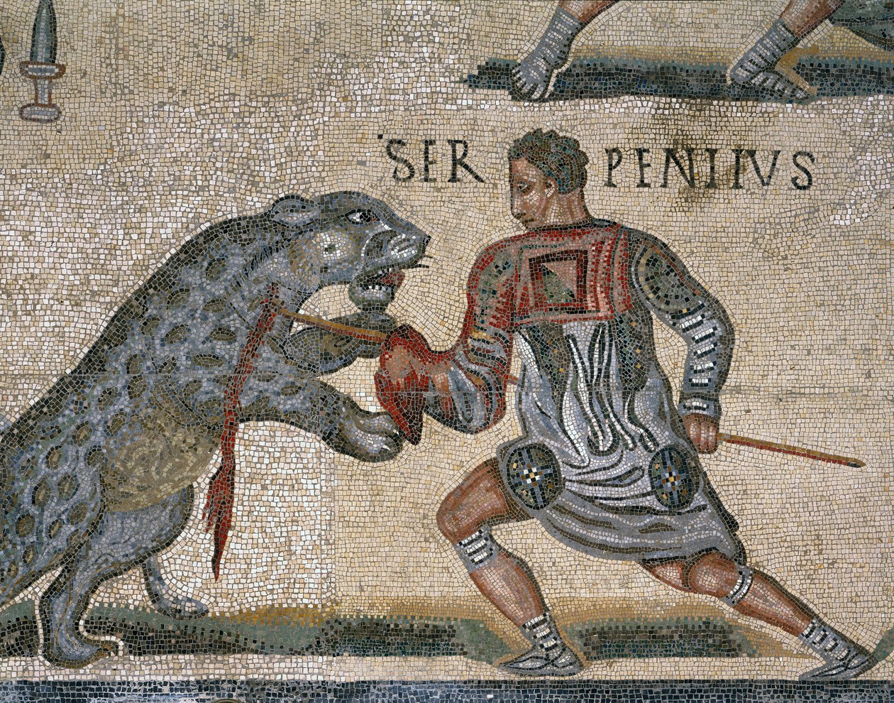 Detail van een mozaïek van een gladiatorengevecht, oorspronkelijk uit Torre Nuova door Roman Roman