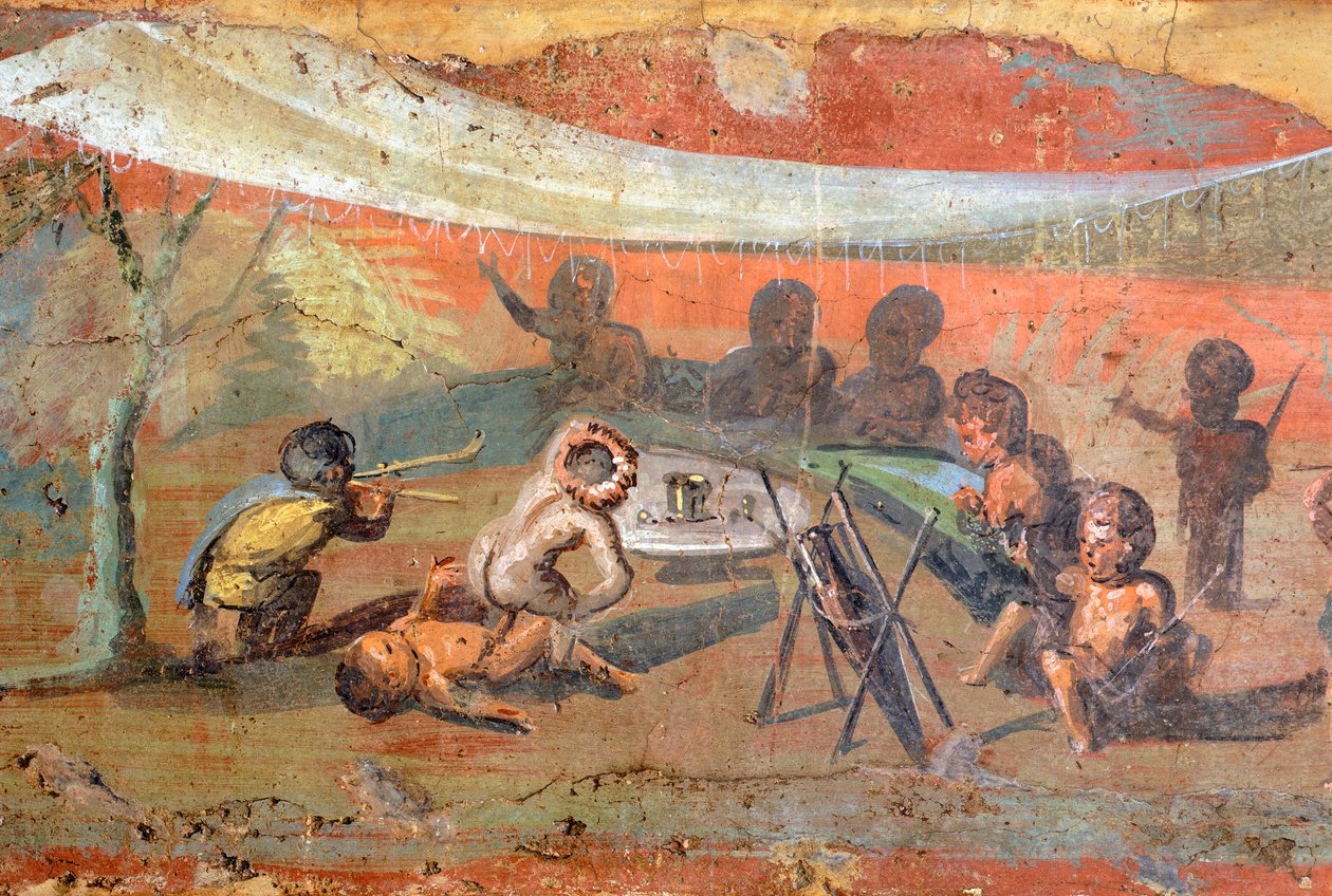 (detail) Schilderij van een scène langs de Nijl met pygmeeën, 56x217 cm, uit Pompeii, UNESCO Werelderfgoedlijst door Roman Roman