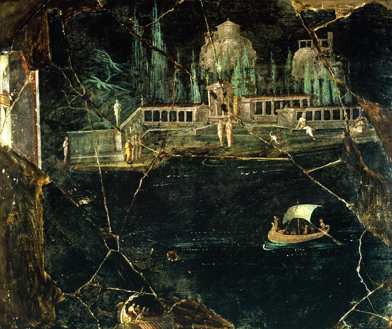 Fresco met een landschap, uit Pompeii (UNESCO Werelderfgoedlijst) door Roman Roman