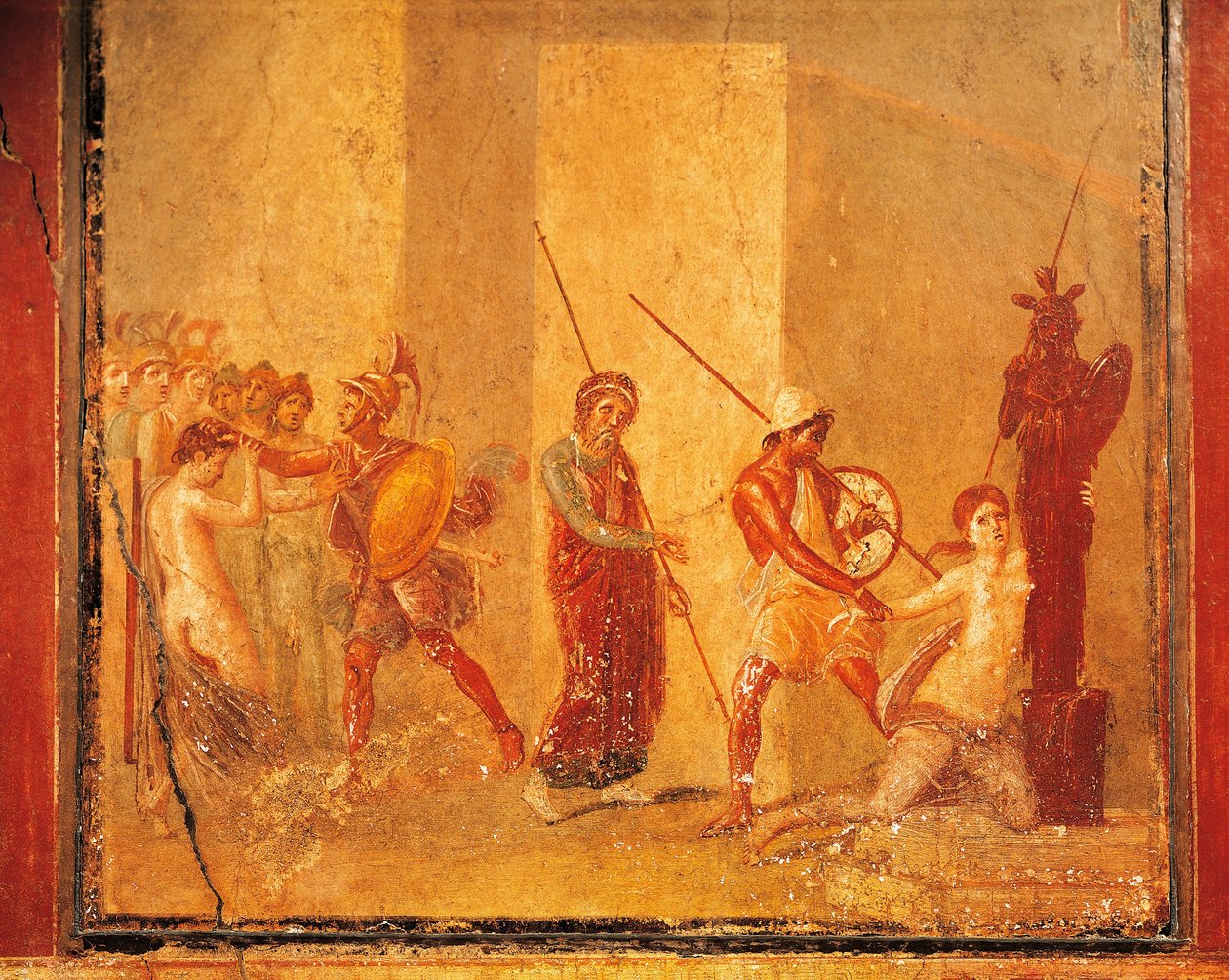 Fresco toont ontmoeting tussen Priamus, Menelaus en Helena in het Koninklijk Paleis, Pompeii, Campania, Romeinse beschaving door Roman Roman