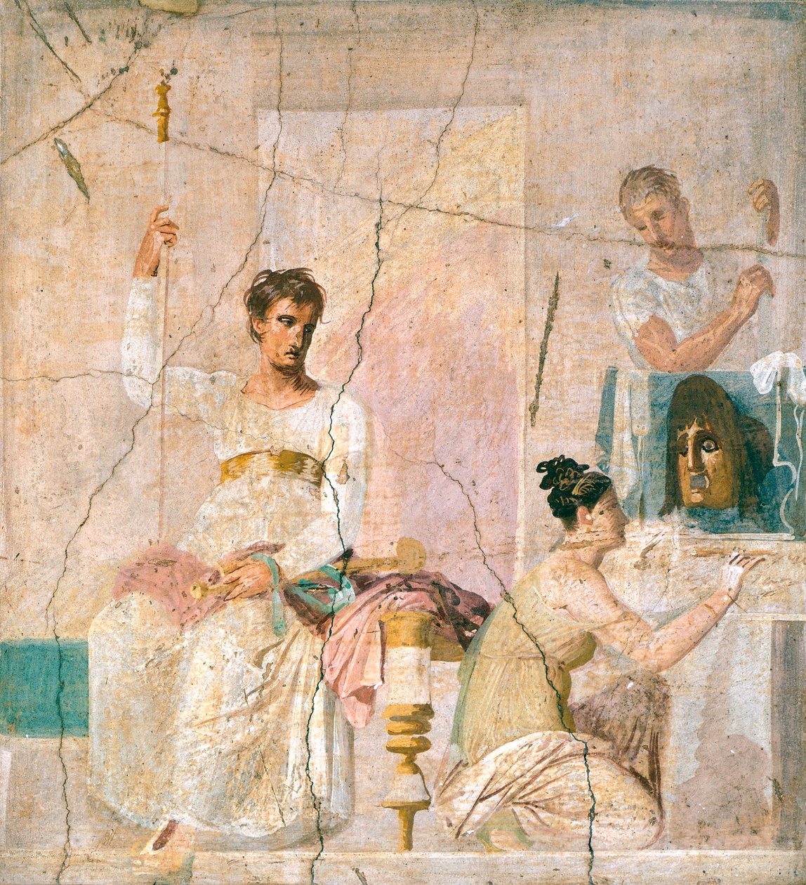 Fresco met afbeelding van theaterscène, uit Basiliek van Herculaneum (UNESCO Werelderfgoedlijst) door Roman Roman