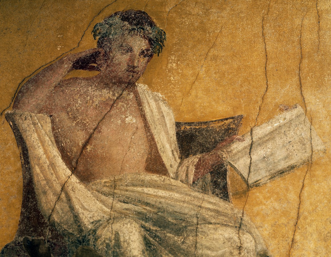 Griekse toneelschrijver Menander, detail van fresco, peristilium van Huis van Menander, Pompeii, Campania, Italië, Romeinse beschaving door Roman Roman