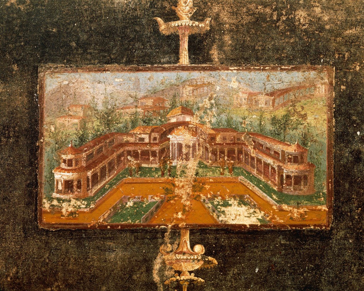Landschap en architectuur in muurschildering in tablinum, 3e Pompeiaanse stijl, Huis van Marco Lucrezio Fronto, uit Pompeii, Campania, Italië door Roman Roman