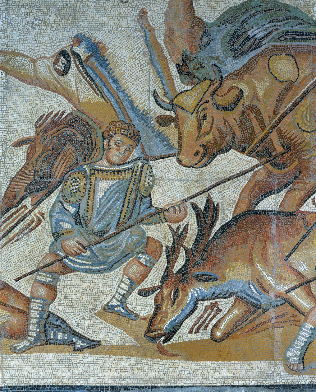 Mozaïek met een scène van een wilde dierenjacht, detail van een gladiator die een dier doodt door Roman Roman