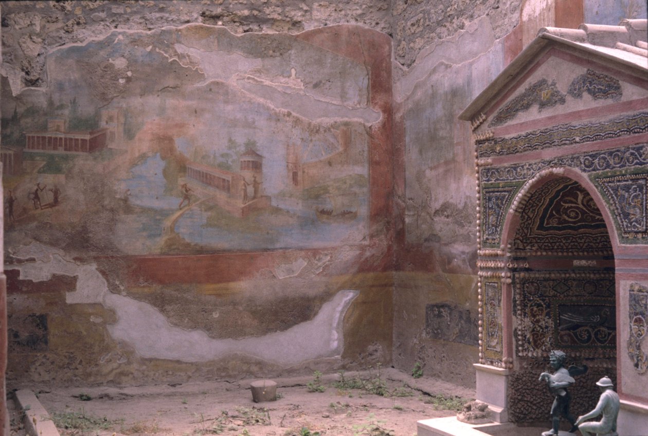 Pompeii, Casa de Diana en amphitrite fontein en muurschildering, Italië (foto) door Roman Roman