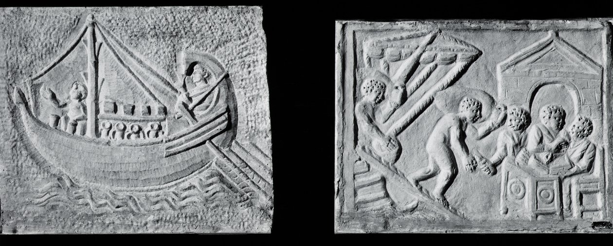 Reliëf met een koopvaardijschip (Museo Nazionale, Rome) en reliëf met het lossen van een schip (Museo Torlonia, Rome) 3e of 4e eeuw door Roman Roman