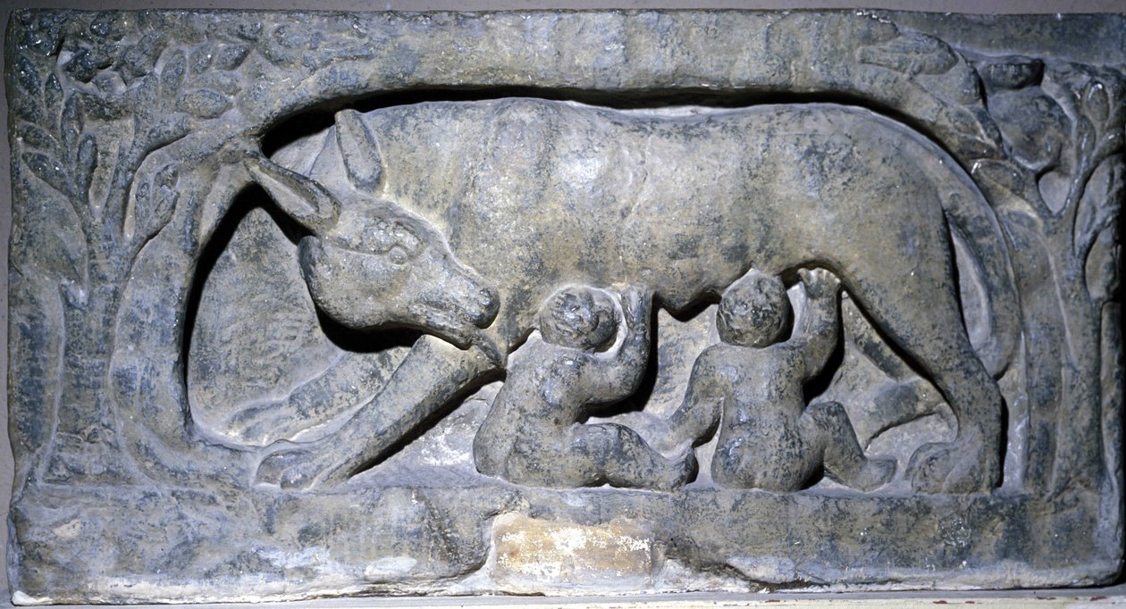 Reliëf in kalksteen van Lupercal (naam van een grot in Rome): wolf met Romulus en Remus, Museum van Avenches. door Roman Roman
