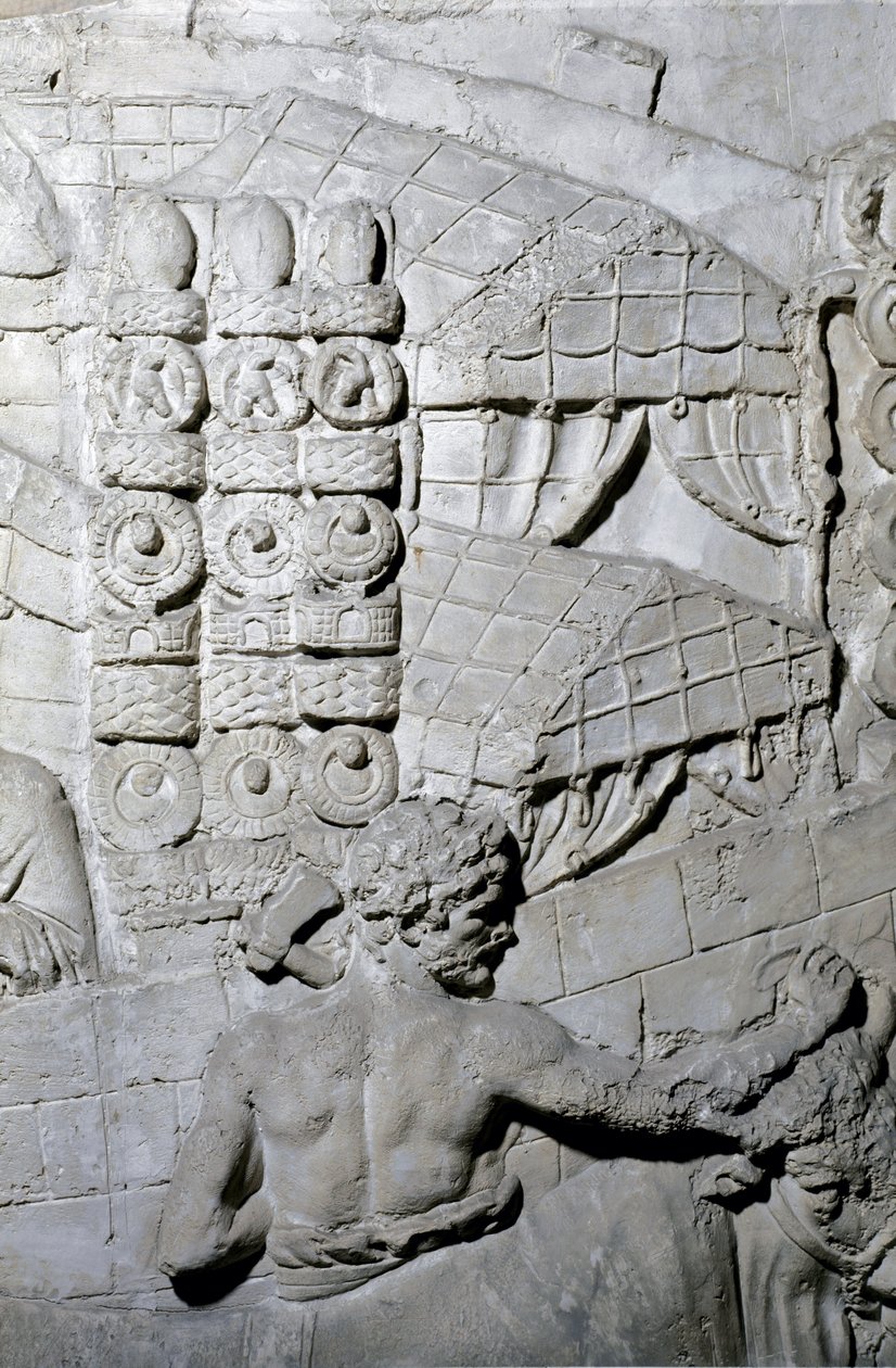 Romeins kampement. Mal van 1862 die de bas-reliëfs van de zuil van Trajanus reproduceert in Rome, gebouwd tijdens het bewind van keizer Trajanus (53-117). De Trajanus-zuil herdenkt de overwinning campagnes van de keizer. door Roman Roman