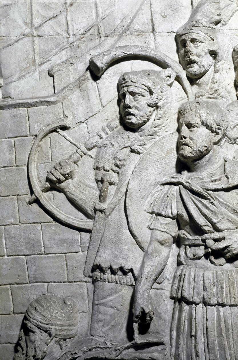 Romeinse kunst: Romeinse krijgers tijdens de eerste oorlog in Dacië. Gietvorm van 1862 die de bas-reliëfs van de zuil van Trajanus (Colonna Traiana) in Rome reproduceert, gebouwd tijdens het bewind van keizer Trajanus (53-117). De Trajanus-zuil herdenkt de door Roman Roman