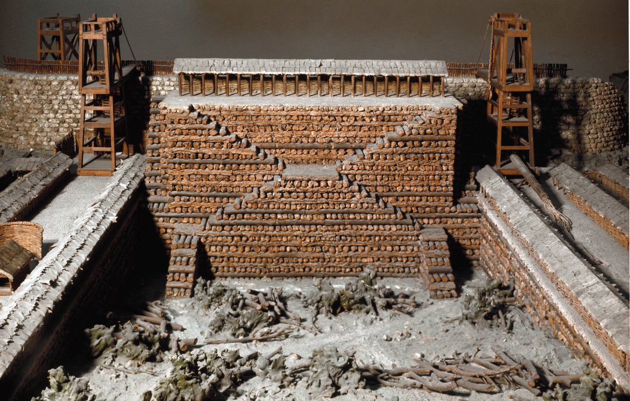 Romeinse oudheid: model dat het beleg van Avaricum (het huidige Bourges) door de Romeinse legioenen van Julius Caesar tegen het leger van Vercingetorix tijdens de Gallische Oorlog reproduceert. 52 v.Chr. Een boomstam-agger voor de muur van Avaricum. Rome,  door Roman Roman
