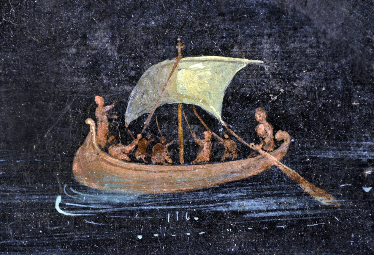 Romeinse kunst: rivierscène - boot en zeelieden op een rivier - fragment van een Pompei fresco bewaard in het Archeologisch Museum van Napels, Italië door Roman Roman