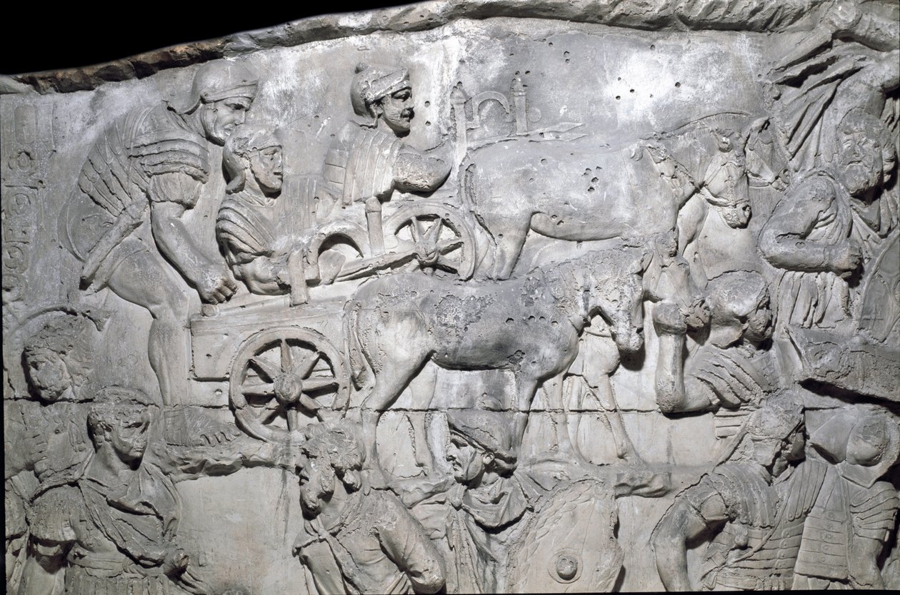 Romeinse kunst: de Romeinse legers in opmars Gipsafgietsel van 1862 dat de bas-reliëfs van de Zuil van Trajanus (Colonna Traiana) in Rome reproduceert, gebouwd tijdens het bewind van keizer Trajanus (53-117). De Trajanuszuil herdenkt de overwinningstocht door Roman Roman