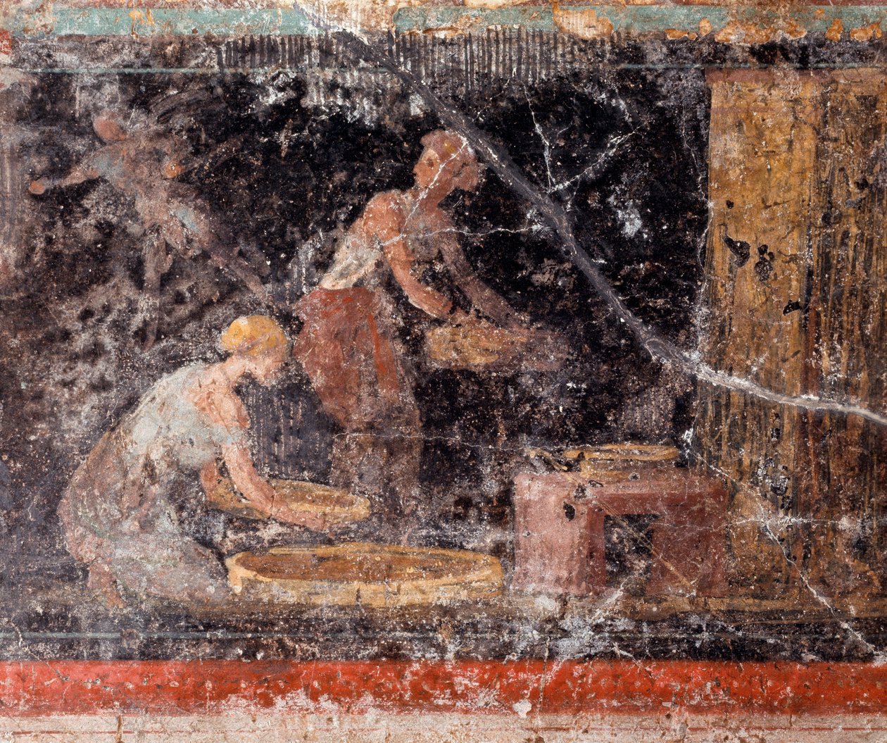 Romeinse kunst: vrouwen doen huishoudelijk werk, uit de fries van kamer C, Villa Farnesina Rome museo nazionale romano door Roman Roman
