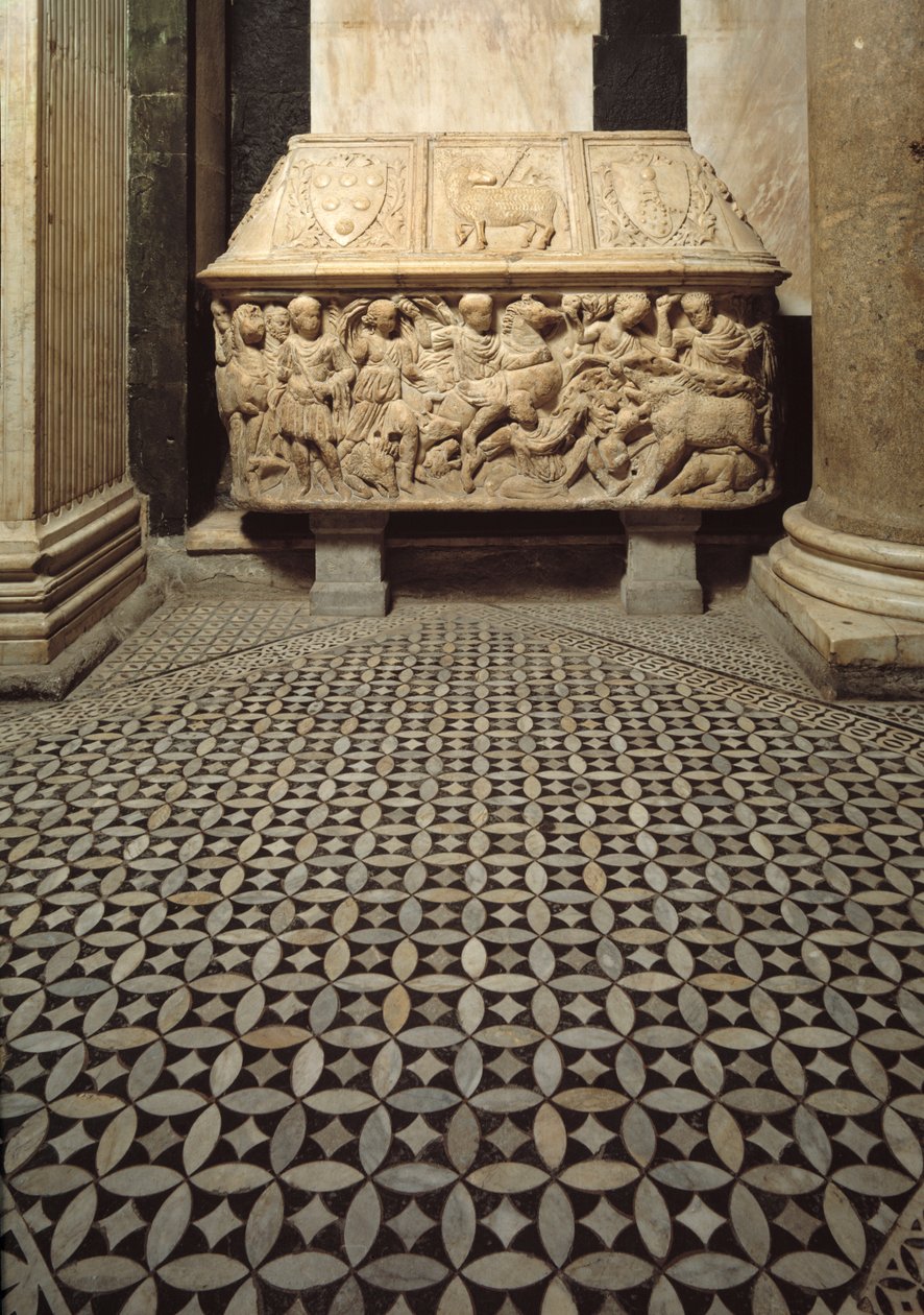 Romeinse sarcofaag met reliëfs van een wilde zwijnenjacht, deksel versierd met de wapens van de Medici-familie door Roman Roman