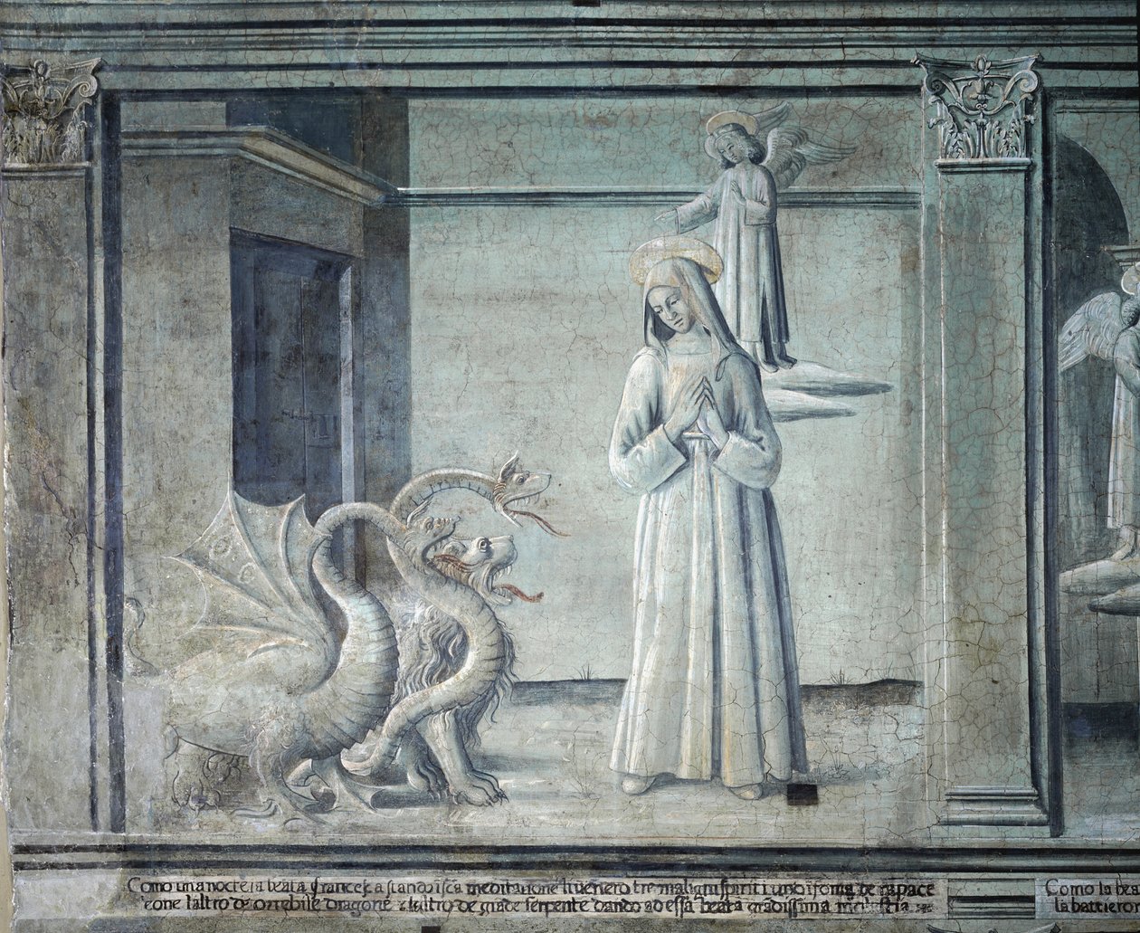 Leven van de heilige Franciscus van Rome, achtervolgd door demonen in de vorm van monsters, van de Romeinse school door Roman School