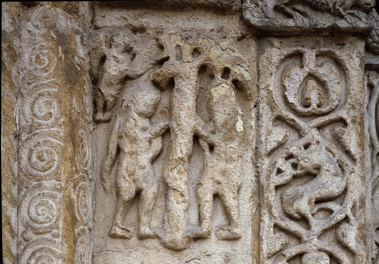 Adam en Eva. Detail van de gevel van de Basiliek, begin 12e eeuw door Romanesque