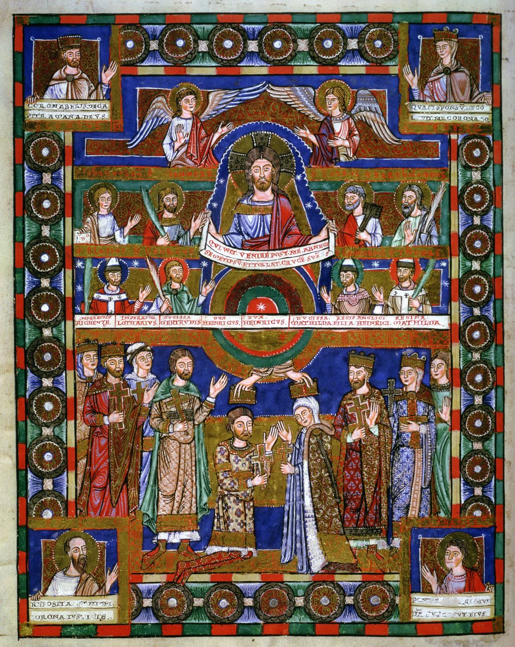 Kroning van Hendrik de Leeuw en zijn huwelijk met Mathilde, uit het Evangelie van Hendrik de Leeuw door Romanesque