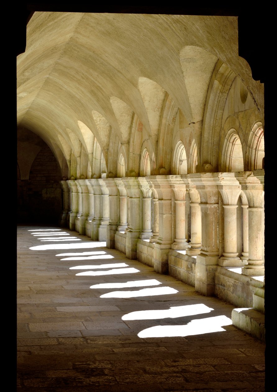 Romaans architectuur: galerij van het klooster van de Cisterciënzer abdij van Fontenay, Bourgondië door Romanesque