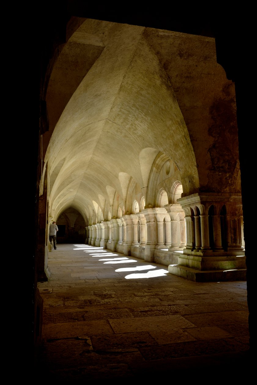 Romaans architectuur: galerij van het klooster van de Cisterciënzer abdij van Fontenay, Bourgondië door Romanesque