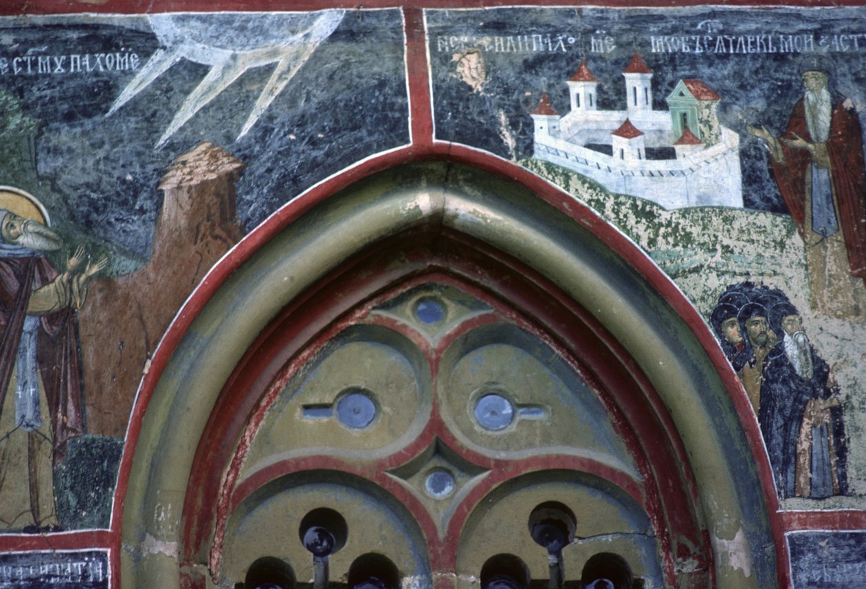 Gotisch raam en het leven van St. Pachomius, van de noordmuur van de kerk, ca. 1601 door Romanian School