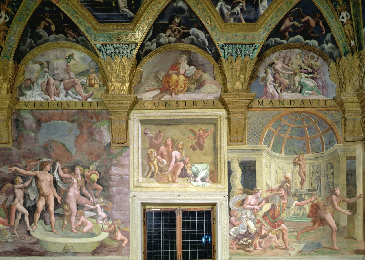 De kamer van Psyche. Venus en Mars baden; Bacchus en Ariadne; Venus en Adonis verrast door Mars door Romano Giulio