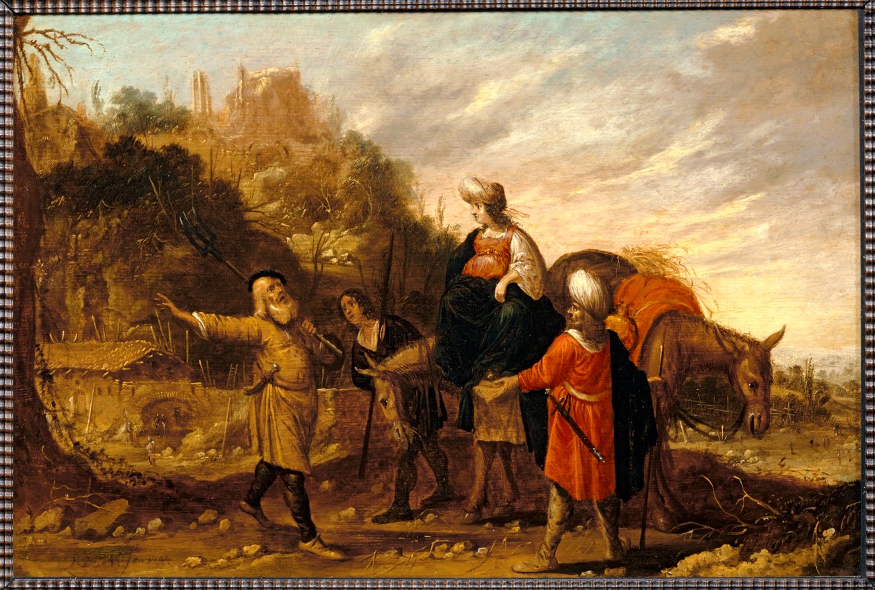 Guehazi keert terug van het huis van de Sunamite en gaat Elisee ontmoeten. 1644 ... door Rombout van Troyen