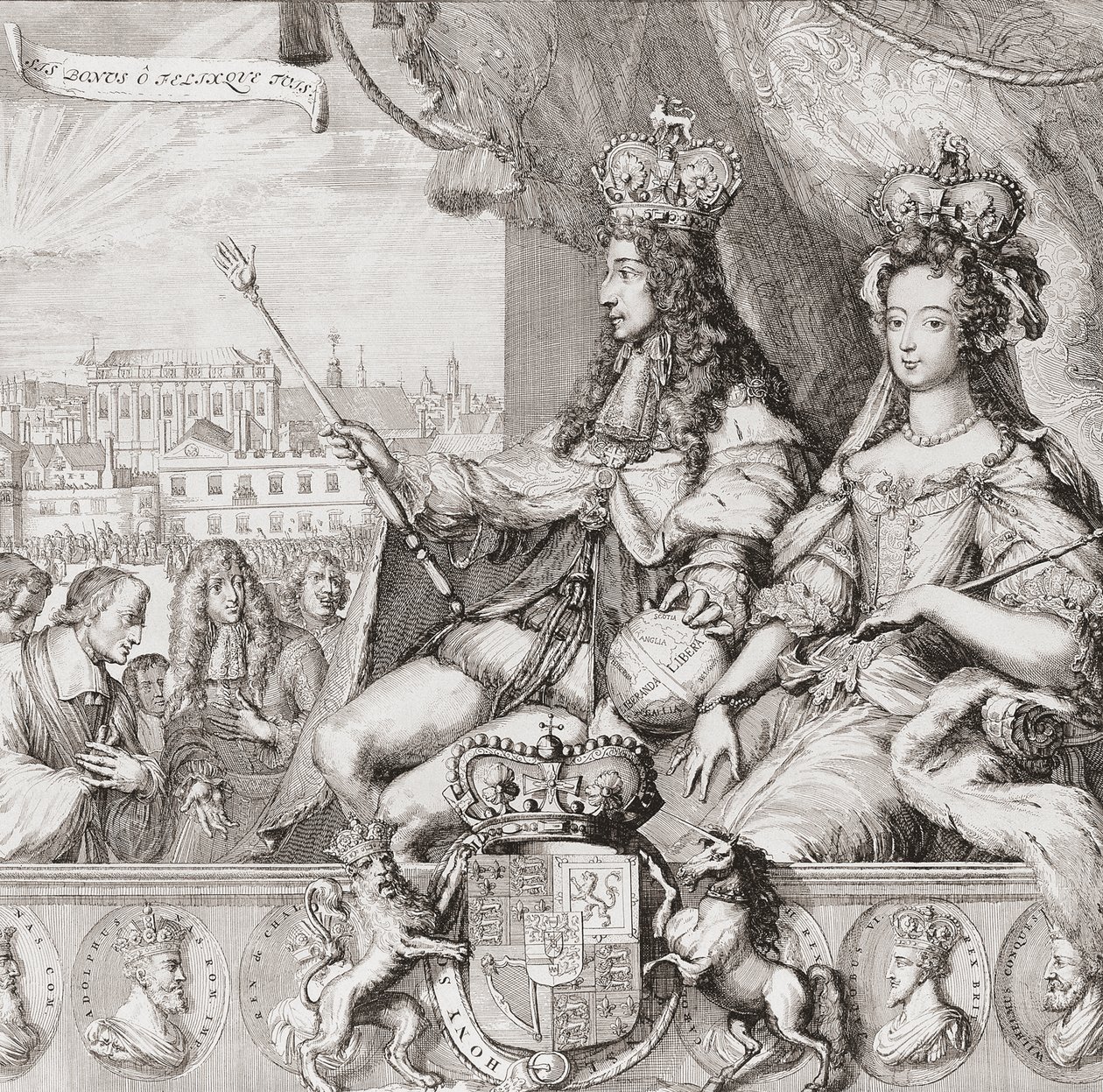 Kroning van de Engelse koning Willem III en koningin Maria II op 11 april door Romeyn de (after) Hooghe