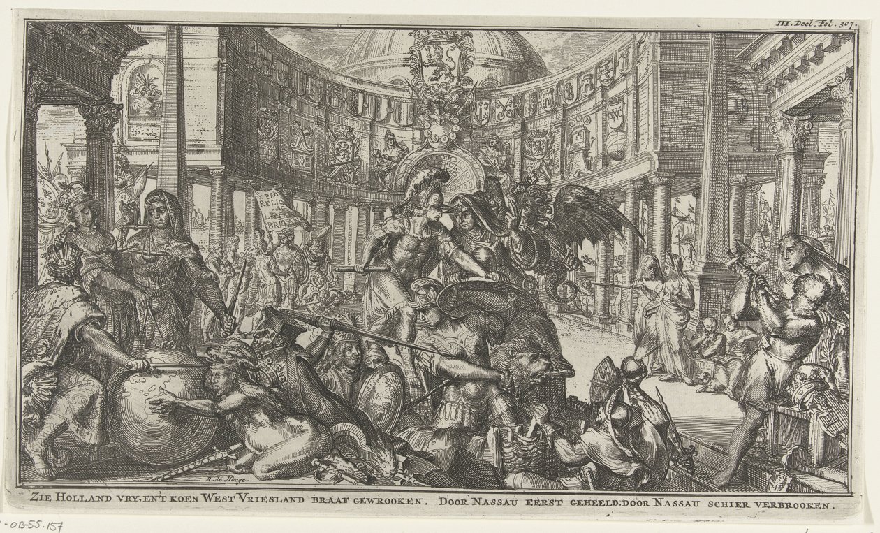 Allegorie rond de rol van Nassau in de eenheid van de Republiek door Romeyn de Hooghe