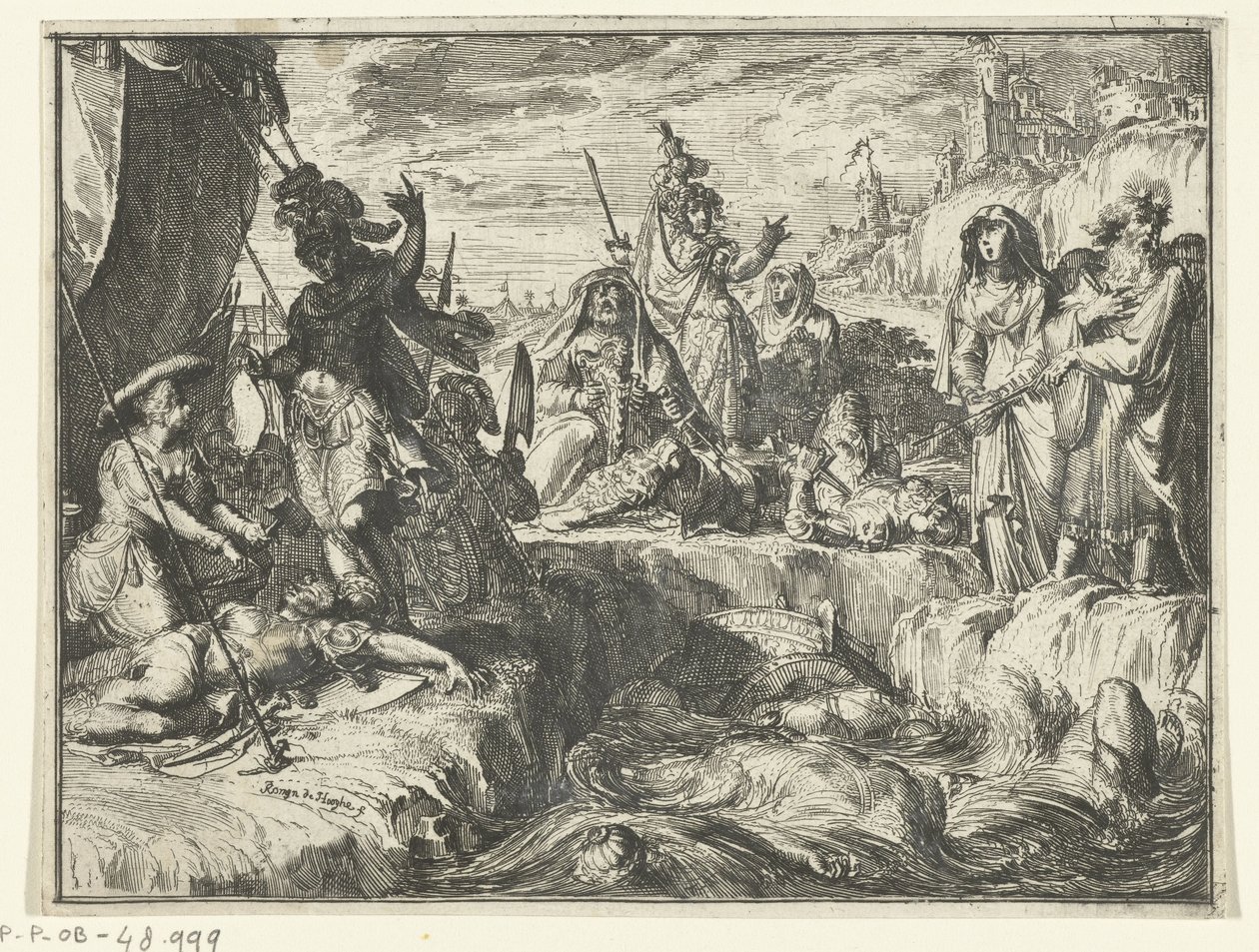 De soldaten van Farao worden verzwolgen door de Rode Zee door Romeyn de Hooghe