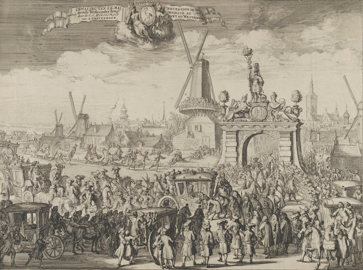 Intocht van Willem III in Den Haag Inhaling van S.K. Maj. aan de Westeynder brug door ..., 1691 door Romeyn de Hooghe