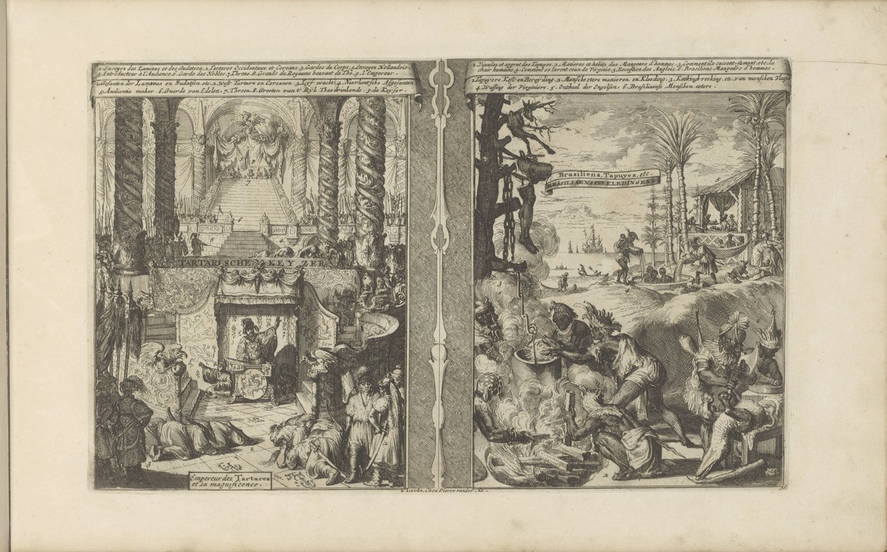 Hof van de Tartaarse keizer; Braziliaanse Tapoeiers bereiden hun voedsel door Romeyn de Hooghe