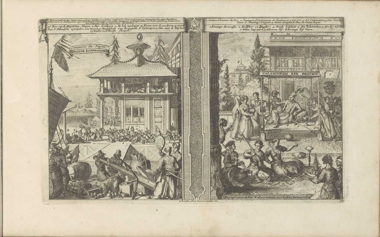 Japanse koophandel; Hof van de koning van de Calaminhans door Romeyn de Hooghe