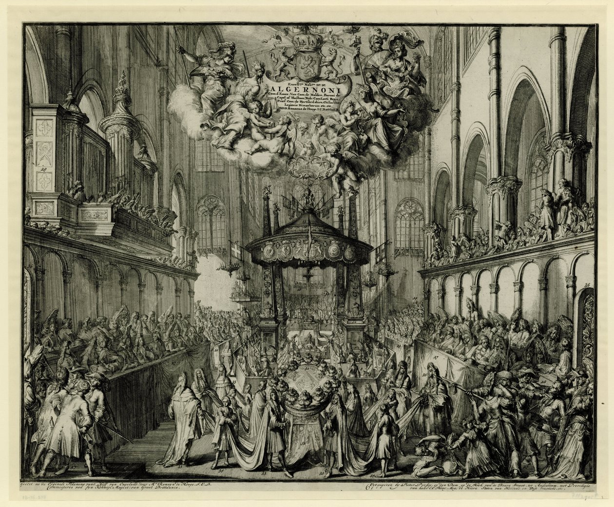 Koor van Westminster Abbey met de lijkplechtigheid voor de koningin, 1695 door Romeyn de Hooghe